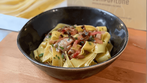 Pappardelle di Campofilone, funghi porcini e guanciale